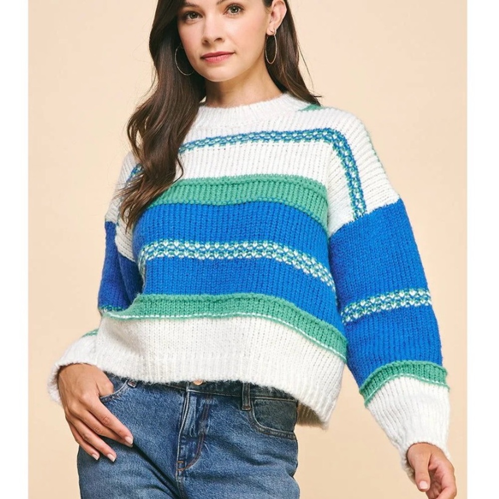 NWT Pinch Green and Blue Striped Crew Neck Sweater, size medium